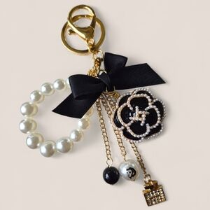 Elegant Black and White Camilia Bag Charm / Keychain